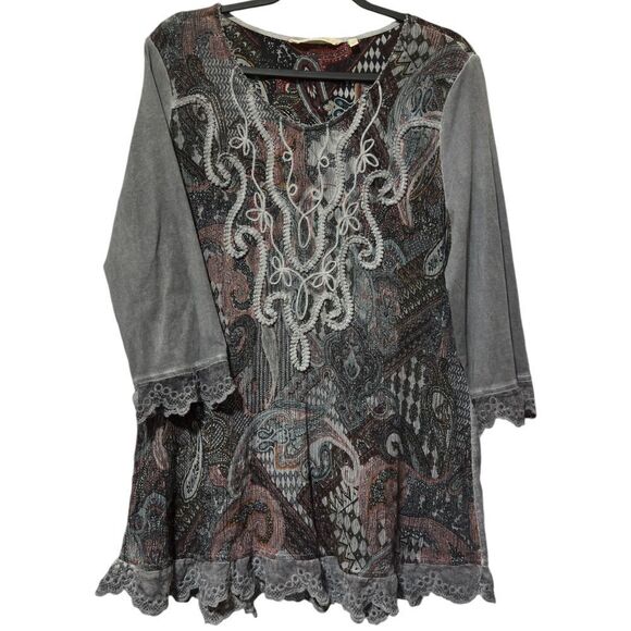 Soft Surroundings Tops - Soft Surroundings Bohemian‎ Gray Long Sleeve Paisley Lace Embroidered Tunic (L)